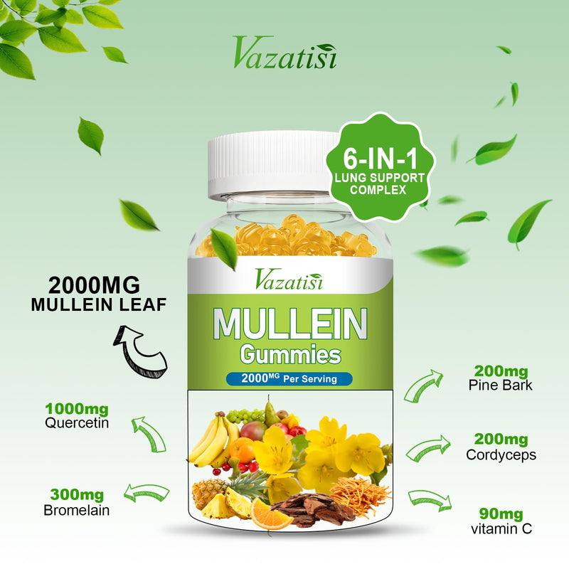 [Australia] - Mullein Gummies, Mullein Leaf Extract with Bromelain, Quercetin, Pine Bark Support Lung Cleanse for Healthy Breathing, 120ct Mango 60 Count (Pack of 2) 