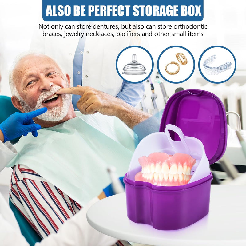 [Australia] - 3 Pack Colors Denture Bath Case Cup Box Holder Storage Soak Container with Strainer Basket for Travel Cleaning (Blue, Light Blue, Purple) Blue, Light Blue, Purple 
