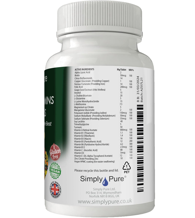 A-Z Multivitamins | 90 Tablets Providing Your Complete RDA of 30+ Important Vitamins & Minerals + Turmeric & Grape Seed Extract | Gluten Free | GM Free | Vegan