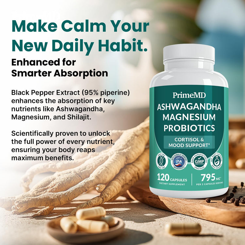 5-in-1 Cortisol Supplement for Women and Men with Ashwagandha for Calmness, Focus, and Adrenal Support Supplements with Shilajit Extract, Magnesium Glycinate, Probiotics (120 ct) (Pack of 1) | Calmness, Focus and Stress Support, Ashwagandha with Shilaj...