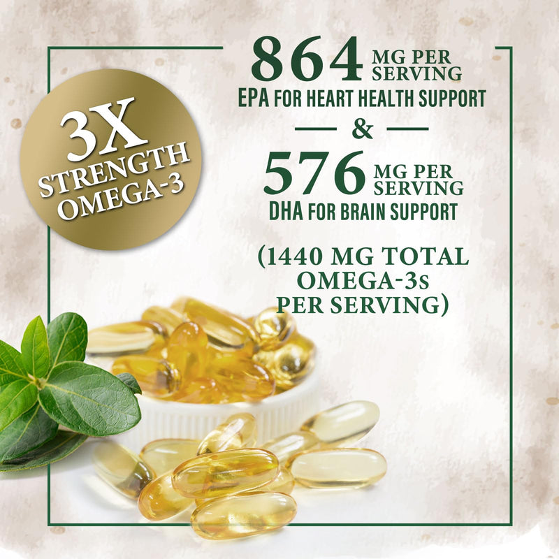 Omega 3 Fish Oil Pills 2400mg - Triple Strength Omega 3 Fish Oil Supplements - Best EPA & DHA Fatty Acids for Brain & Heart Health Support, Nature's Omega3 Supplement, 30 Day Supply - 60 Softgels 60 Count (Pack of 1)