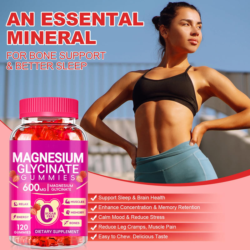 Magnesium Glycinate Gummies 600mg, Chewable Sugar Free Magnesium Gummies | High Absorption Magnesium Glycinate, Vitamin D, B6, and CoQ10 for Zzz, Relaxation, Brain and Muscle, 60 Days Supply Strawberry 120 Count (Pack of 1)