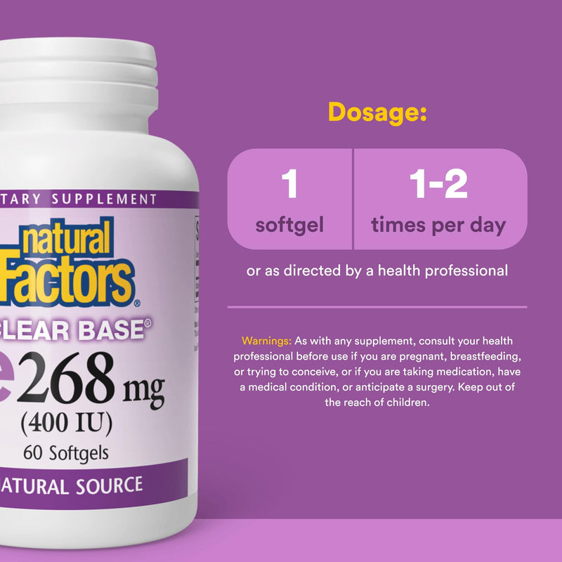 Natural Factors, Clear Base Vitamin E 400 IU, Antioxidant Support for Cardiovascular and General Health, 60 softgels (60 servings) 60 Count (Pack of 1)