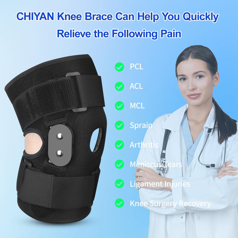 CHIYAN Hinged Knee Brace for Women Men, Open Patella Design with Dual Metal Side Stabilizers, Knee Immobilizer Support for Joint Pain Relief, Arthritis, Meniscus Tear, ACL, PCL, MCL Black Large