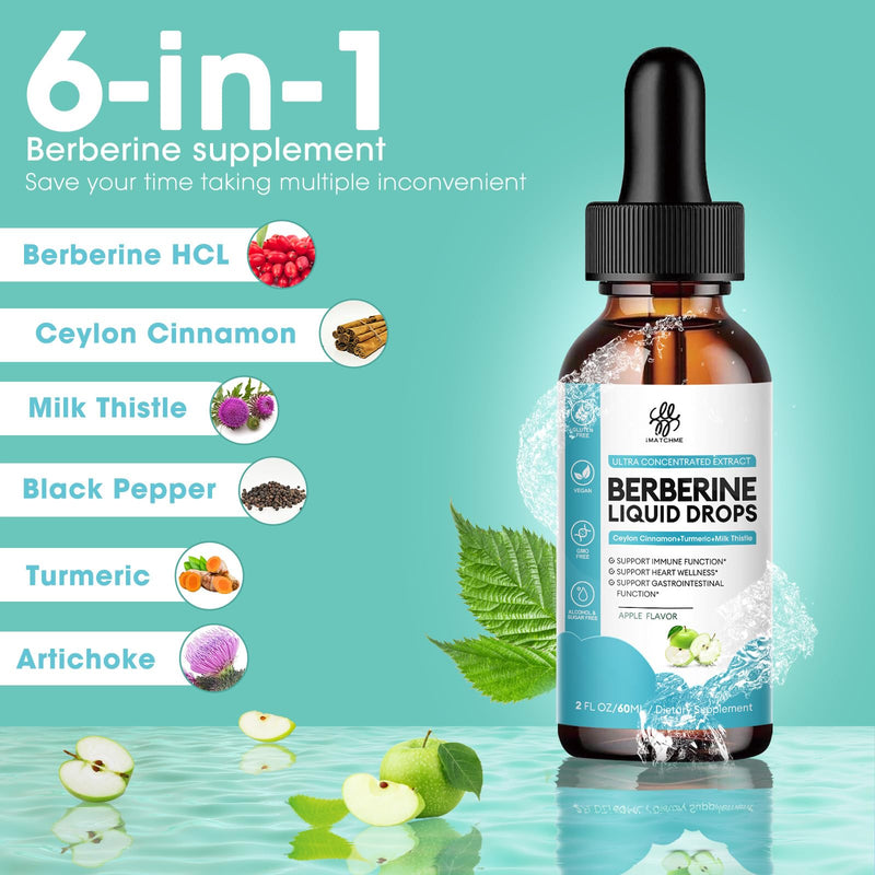 [Australia] - Berberine HCL 1200mg, 6-in-1 Berberine Complex Liquid drop for Cardiovascular Care & Body Management, Berberine with Ceylon Cinnamon, Antioxidant & Heart Health Support, Apple Flavor, 2 Fl Oz 