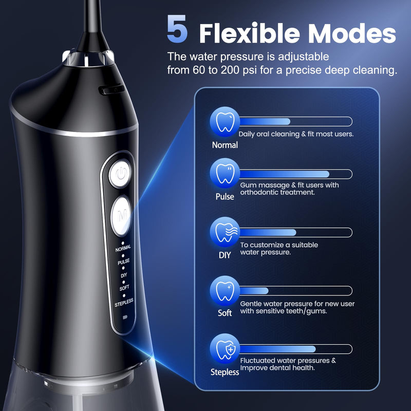 [Australia] - Water Flosser for Teeth Cleaning and Flossing, 5 Modes Rechargeable Cordless Oral Irrigator 320ml Water Tank Teeth Cleaner, IPX7 Waterproof Portable Electric Dentel Flossers for Home and Travel,Black Black 