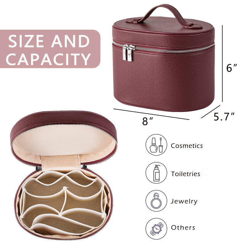 RSRSLEII Aesthetic Makeup Bag, Travel Makeup Vanity Case with Divider and Handle, Waterproof PU Leather Cosmetic Organizer Bag, Portable Toiletry Bag for Women(06Burgundy) 06Burgundy