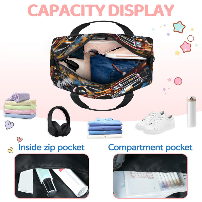 Sports Duffle Bag, Small Gym Bags With Zipper, Ballet Dance Bag for Girls, Workout Soccer Bags for Boys Weekend Overnight Shoulder Carry-On Travel Tote (Trucks)