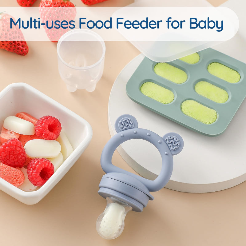 2 Pack Silicone Baby Fruit Feeder with Mini Freezer Tray, Baby Teethers, Breastmilk Popsicle Molds for Baby Teething Relief, Fresh Food Feeder for Safe Infant Self Feeding, Extra Food Pouches