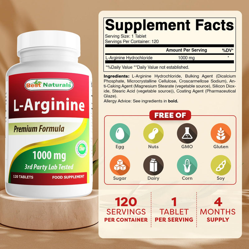 Best Naturals L-Arginine 1000 mg 120 Tablets - Pharmaceutical Grade - (2 Bottles)