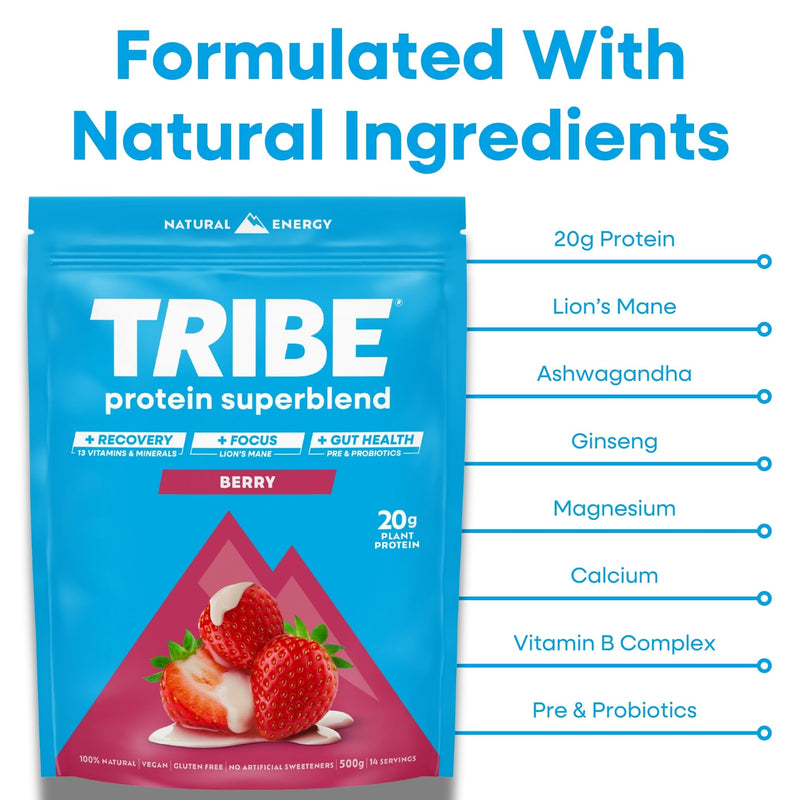 TRIBE Vegan Protein Superblend | 500g | 20g Protein | Recovery, Focus and Digestion | Plant-Based Nutrition Shake | Lion's Mane, Ashwagandha & Magnesium | Berry Flavour