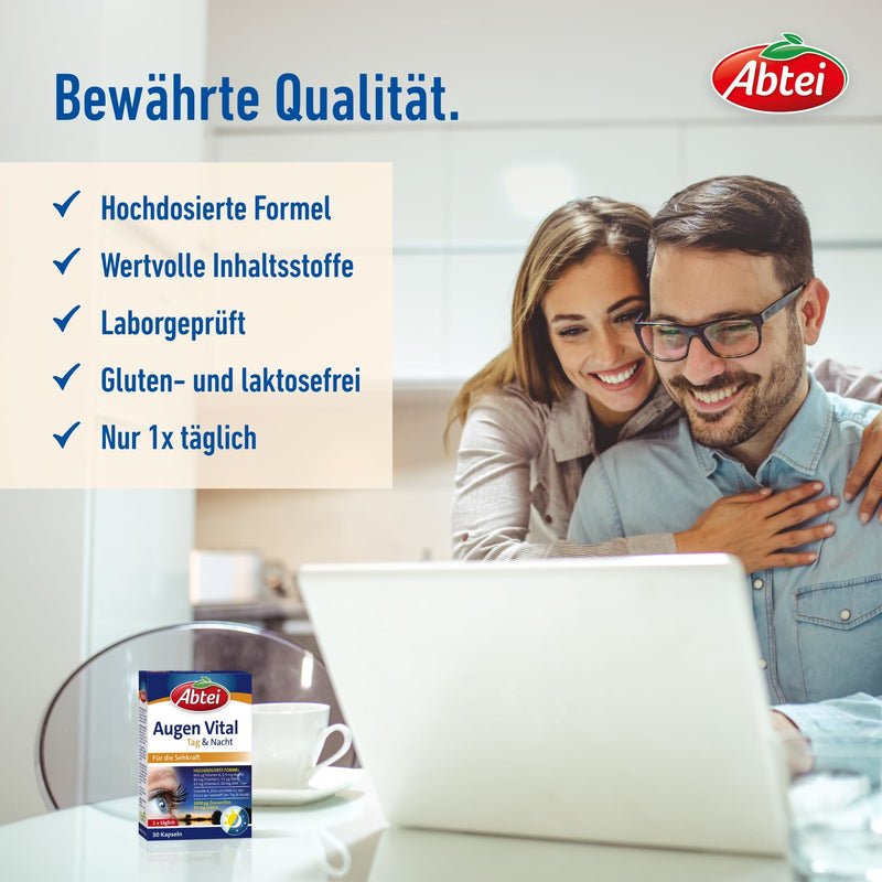 [Australia] - Abtei Augen Vital day and night – to maintain vision – high dosage, gluten-free, lactose-free – supply pack – 90 capsules for 3 months 