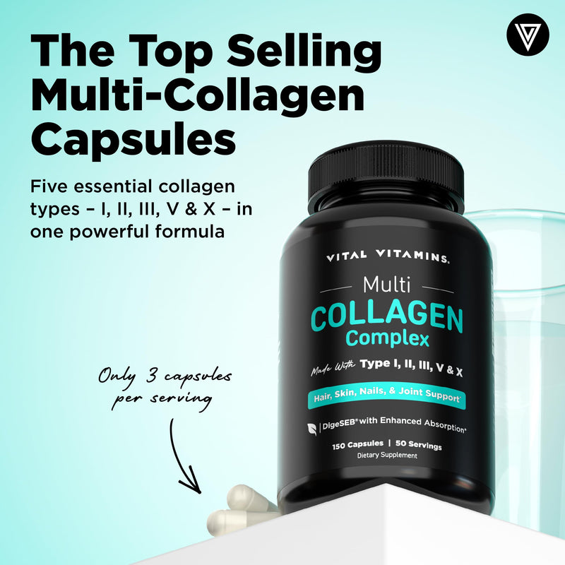 Vital Vitamins Multi Collagen Peptides Complex for Women & Men, 150 Pills | Supports Skin, Hair & Nails, 5 Collagen Types I II III V & X, Grass-Fed Non-GMO Collagen Supplements 150 Count (Pack of 1)