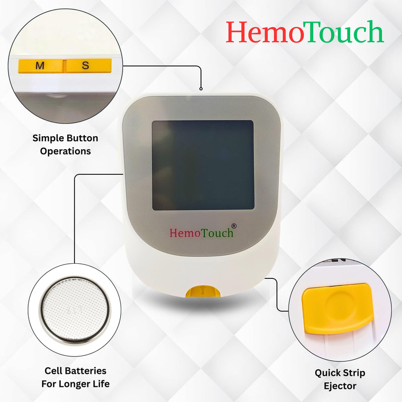 Blood Sugar Test Kit Includes Hemotouch Blood Glucose Meter, 1 Lancing Device, 10 Lancets, & 10 Test Strips, Diabetes Testing Kit for Blood Glucose Monitoring with strips Ejector.