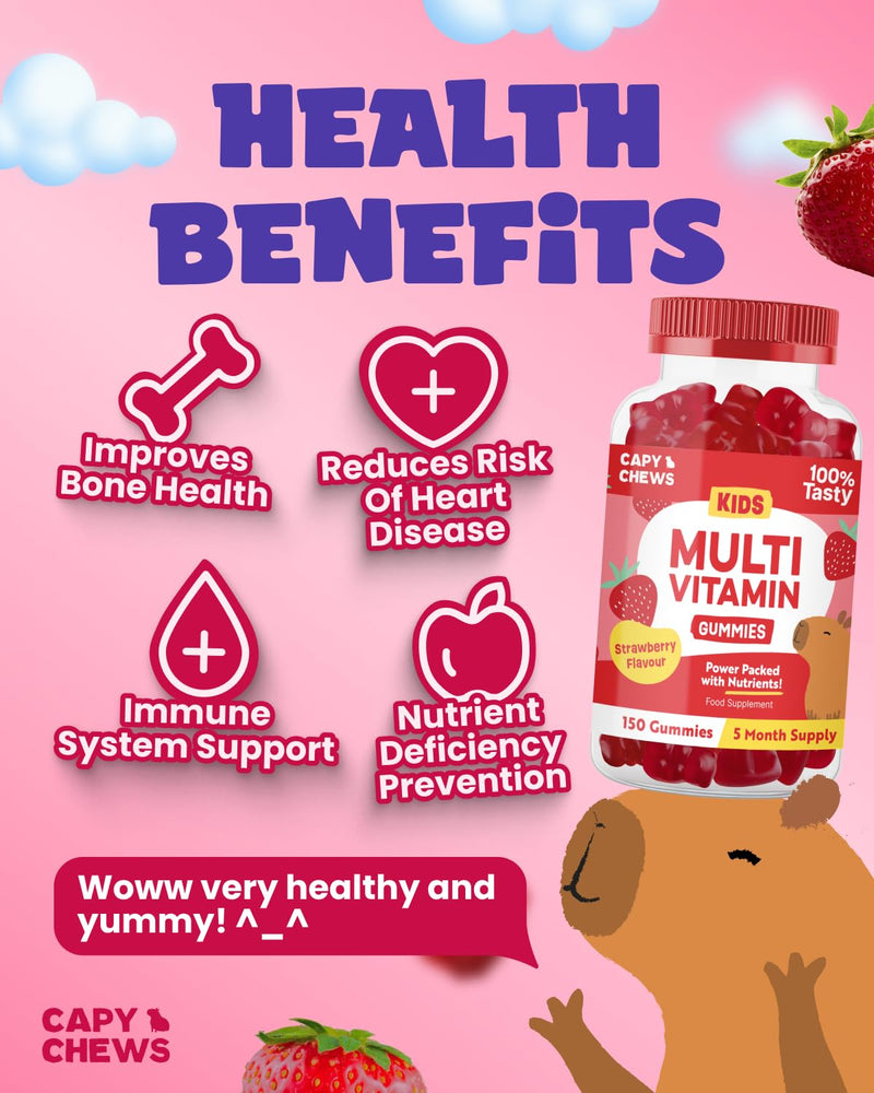 Kids Multivitamin Gummies – 5 Month Supply - 150 Gummies - Packed with Essential Vitamins & Nutrients - Chewable Multivitamins for Children - with Vitamin C, D3, A, E, B6 & B12 - Strawberry Flavour