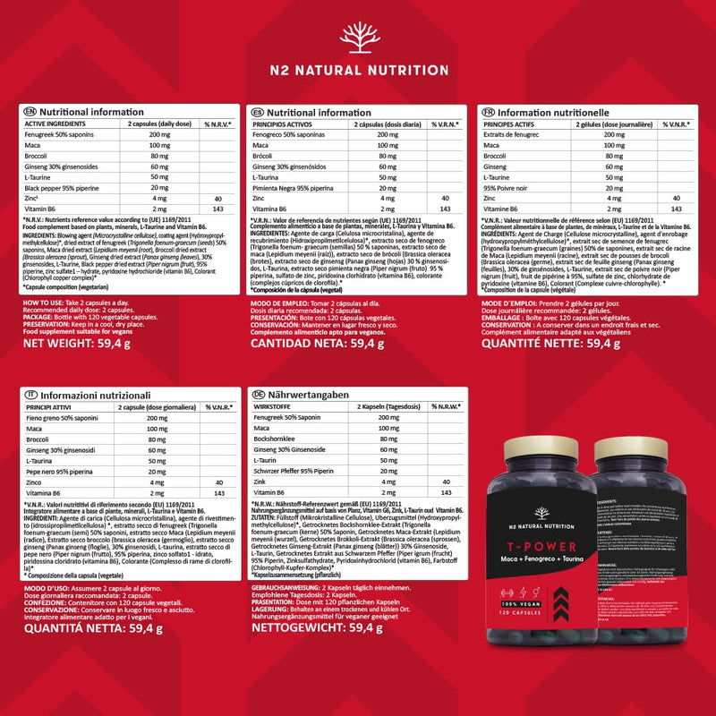 Testosterone Booster Complex for Men with Fenugreek, L-Taurine Maca Gingseng, Zinc, L-Taurine, Black Pepper. Mood Stimulant, Endurance, Energy. Pre Workout. 120 Capsules. Vegan. N2 Natural Nutrition 120 count (Pack of 1)