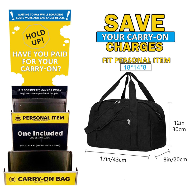 18" Small Carry on Bags for Airplanes with Laptop & Wet Compartment Underseat for Spirit Airlines Personal Item Travel Bag 18x14x8 in Duffle Gym Bag for Women Men Black 17*11.5*8 in