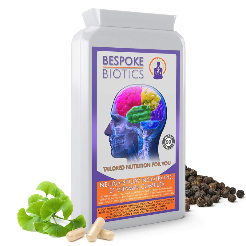 Neuro-Study Nootropic-21 Complex Stack 90 Caps 8hrs+ Brain Memory Focus Mood Natural Brain Concentration| Alpha Wave | Combats Exams Anxiety Stress Brain-Fog Fatigue Tiredness |Latest UK Formulation