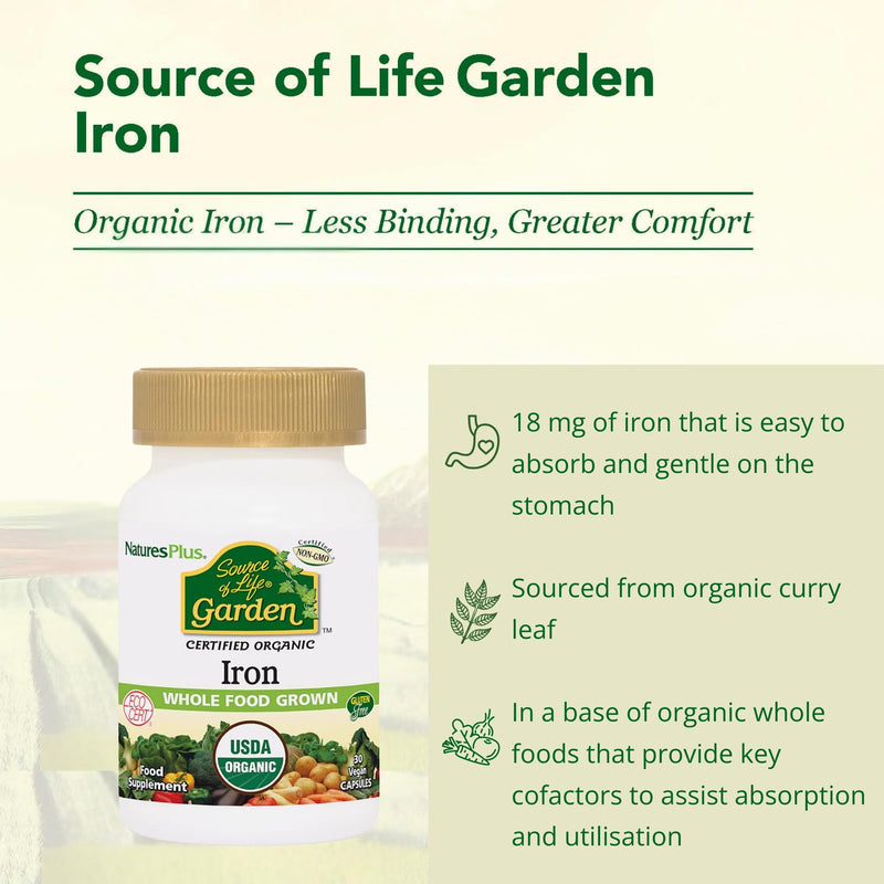 NaturesPlus Source of Life Garden Iron - 18 mg Organic Plant Based Gentle Iron Supplement, Highly Bioavailable - Vegan, Gluten Free, One A Day - 30 Capsules