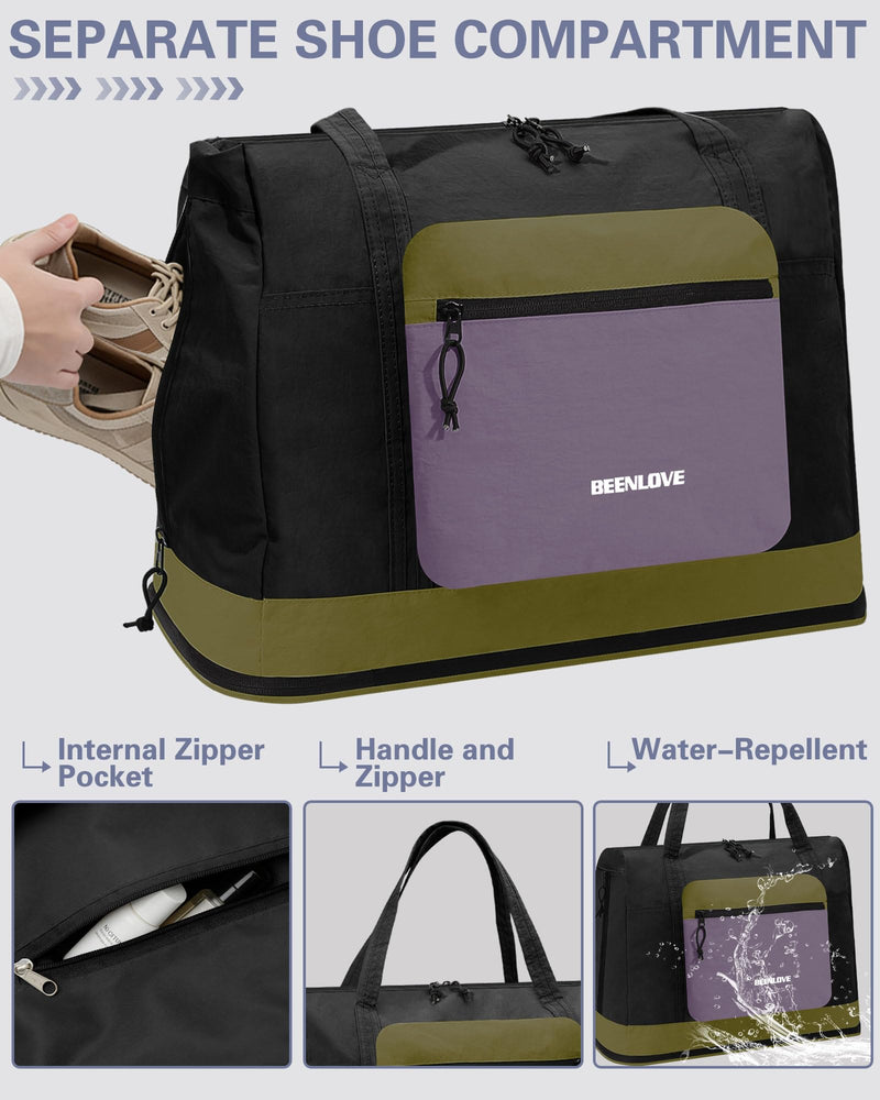 Foldable Travel Bag 46L, Expandable Weekender Duffle Bag with Shoe Compartment, Waterproof Nylon Carry On Bag, Lightweight Personal Item Bag for Women & Men, Folds into a Small Pouch Black