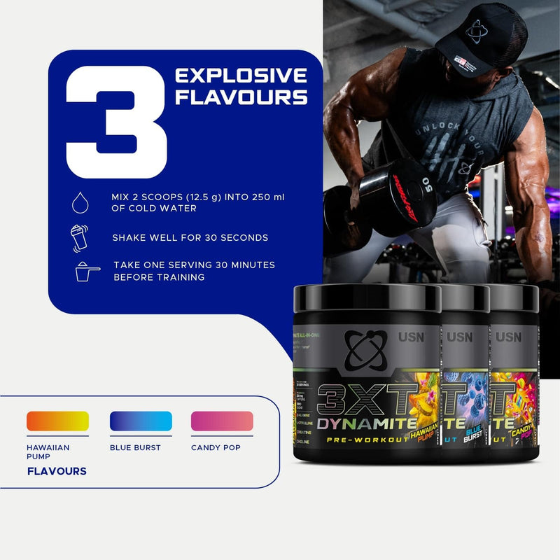 USN 3XT Dynamite Pre Workout Powder (30 Servings – 375g). Pre- Workout Energy Drink with Natural Caffeine (250mg), Citrulline, Creatine, Beta Alanine, Choline, Taurine and Zero Sugar – Blue Raspberry