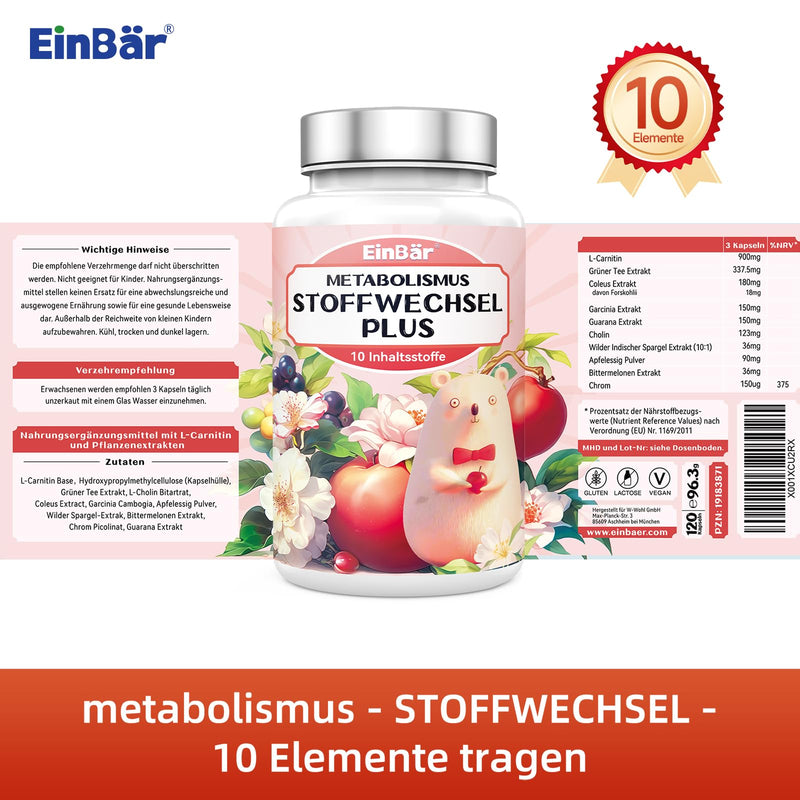 [Australia] - EinBear Metabolism Treatment 10 in 1 Complex High Dose with L-Carnitine Green Tea Choline Chromium Garcinia Cambogia Accelerate fat and energy metabolism 