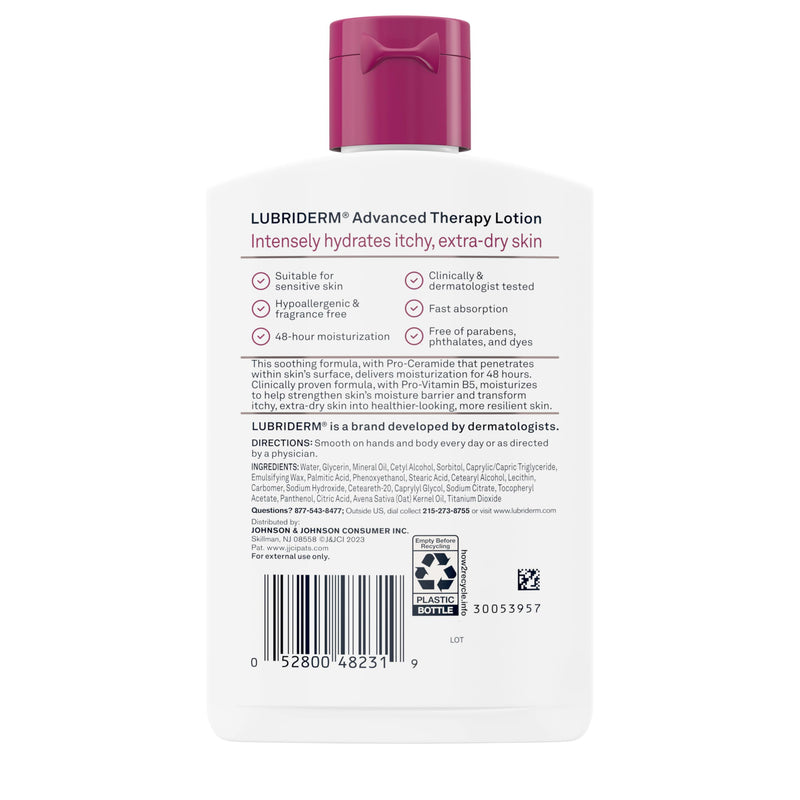 Lubriderm Advanced Therapy Hand & Body Lotion, Fragrance Free, 6 fl. oz | Moisturizing Lotion + Pro-Ceramide with Vitamins E & Pro-Vitamin B5, Intense Hydration for Extra Dry, Itchy & Sensitive Skin 6 Fl Oz (Pack of 1)