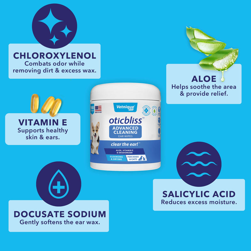 Oticbliss Medicated Ear Drops and Oticbliss Advanced Cleaning Wipes (100 Ct) Bundle Advanced Ear Cleaning Solutions with Medicated Ear Drops for Dogs Plus Dog Ear Cleaning Wipes with Aloe - PawsPlanet Australia