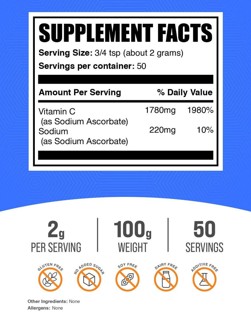 BulkSupplements.com Sodium Ascorbate Powder - for Immune Support, Sodium Ascorbate Vitamin C - Buffered Vitamin C, Gluten Free, 2g per Serving, 100g (3.5 oz) (Pack of 1) 3.52 Ounce (Pack of 1)