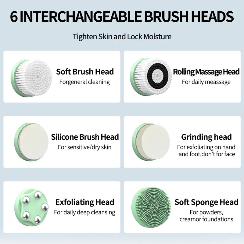 Electric Facial Cleansing Brush,8-in-1 Face Cleansing Brush with Hot & Cold Compress, 6 Brush Heads, 3 Spin Speeds, Waterproof face Scrubber for Exfoliating, Deep Cleansing,Massaging (Green) Green