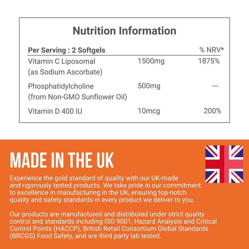 Liposomal Vitamin C 2000mg + Vitamin D3 400IU - High Absorption Softgels | Immune Support, Antioxidant, Collagen & Bone Health | Non-GMO, Gluten-Free, Made in UK, 30-Day Supply
