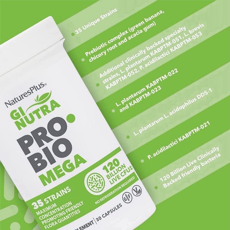 NaturesPlus GI NUTRA Pro Bio Mega - 120 Billion Probiotics for Women and Men - 35 Science Backed Live Bacteria and Prebiotic Fibre - Vegan, Gluten Free - 30 Capsules