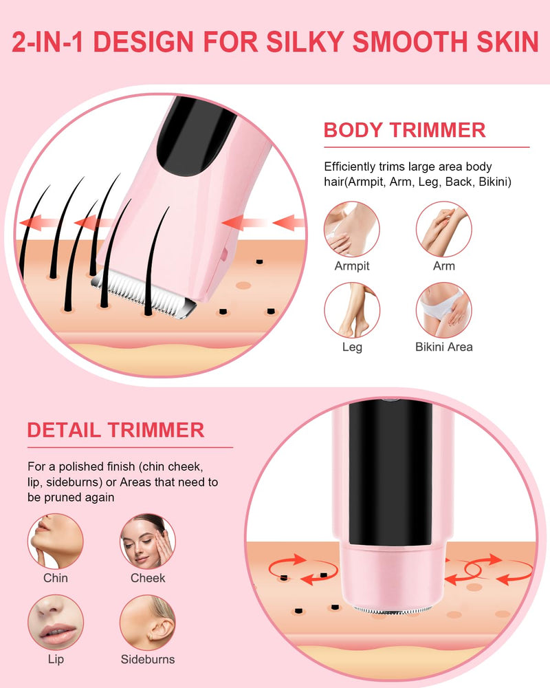Bikini Trimmer for Women Pubic Hair,Electric Razors with Dual Heads for Body, Rechargeable IPX7 Waterproof Bikini Shaver for Travel,Facial Hair Remover for Leg Arm Face Pink