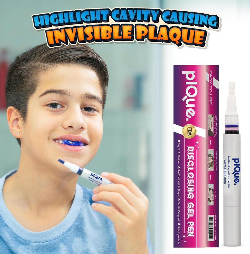 PLQUE Disclosing Gel Pen (90 Uses) - Tooth Plaque Detector for Better Brushing, Purple Stain Formula Reveals Invisible Cavity Causing Plaque, Kids and Adults Oral Care Tool, Pediatric Dentist Design