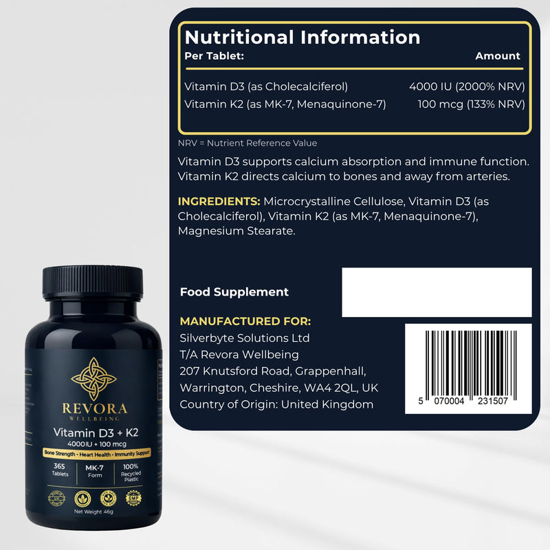 Vitamin D3 4000 IU + K2 MK7 100mcg Tablets, 1 Year Supply, 365 Tablets, High Strength Vitamin D3 K2 Supplement for Bone and Immune Support, 1 A Day, UK Made Vegetarian