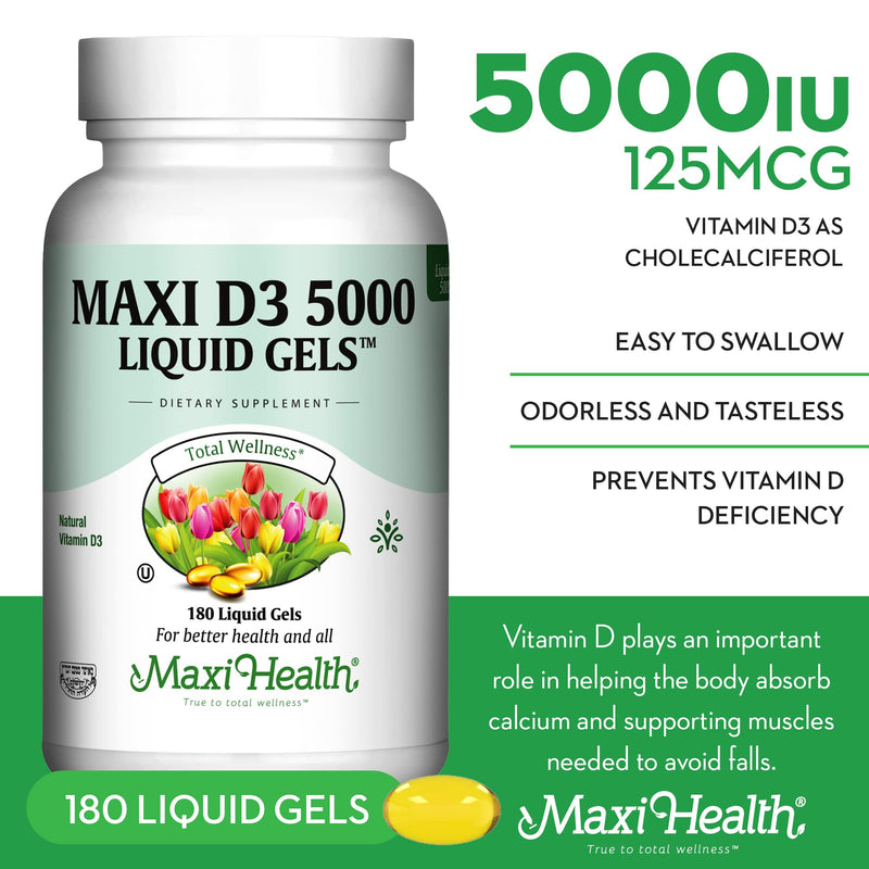 Maxi Health Vitamin D3 5000 IU Softgels - 125 mcg D3 Vitamin 5000 IU - Vitamin D 5000 IU for Healthy Bones & Teeth - Dietary Vitamins Supplements for Immune Support - (180 Count) | Kosher | High-Potency Vitamin D3 Supplement | Bone, Teeth & Immune Supp...
