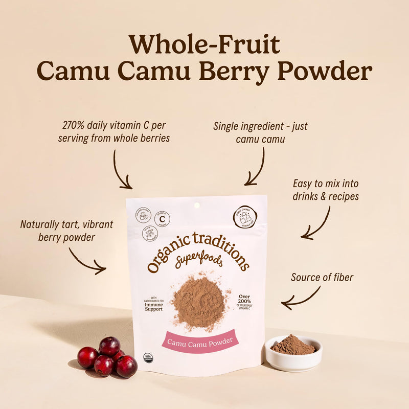 Organic Traditions Camu Camu Powder from Amazon Superfruit, Vitamin C 3.5oz | Rich in Wholefood Vitamin C, Bright Tangy Flavor, Plant Based Non GMO Ingredient, Great for Smoothies, Juices, and Recipes 100 Gram