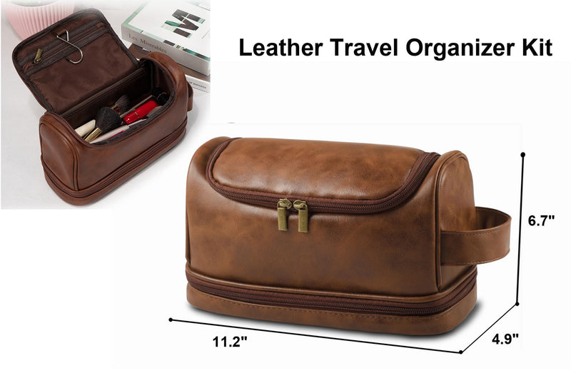 Toiletry Bag for Men Leather Travel Organizer Shaving Dopp Kit with hanging hook, Large Water-resistant Toiletries Bathroom Shaving Bags for Women redbrown