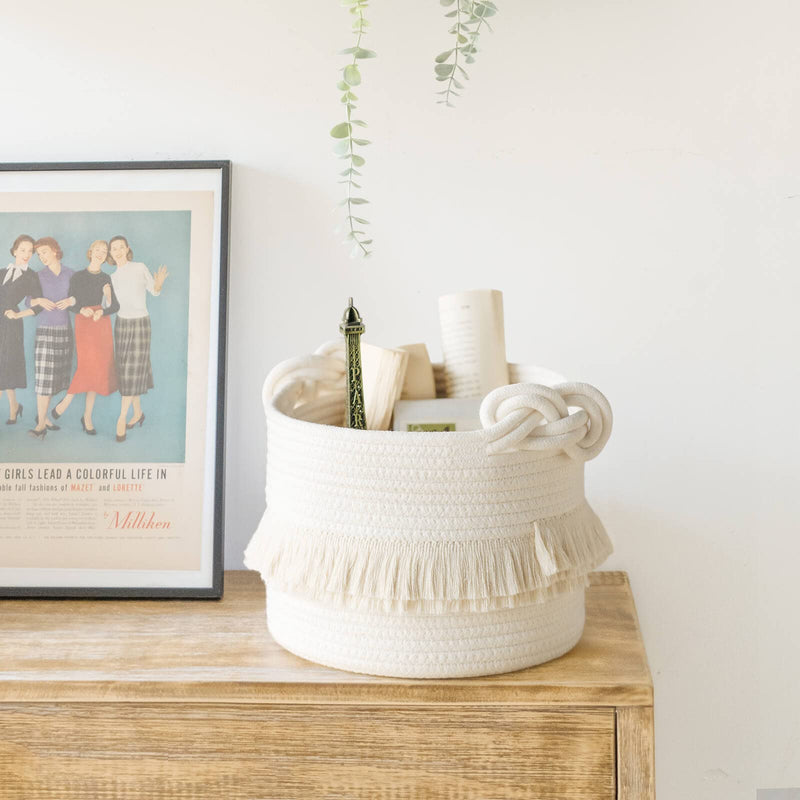 [Australia] - CherryNow Small Woven Storage Baskets Cotton Rope Decorative Hamper for Diaper, Blankets, Magazine and Keys, Cute Tassel Nursery Decor - Home Storage Container – 9.5'' x 7'' Off-white Small (Pack of 1) 