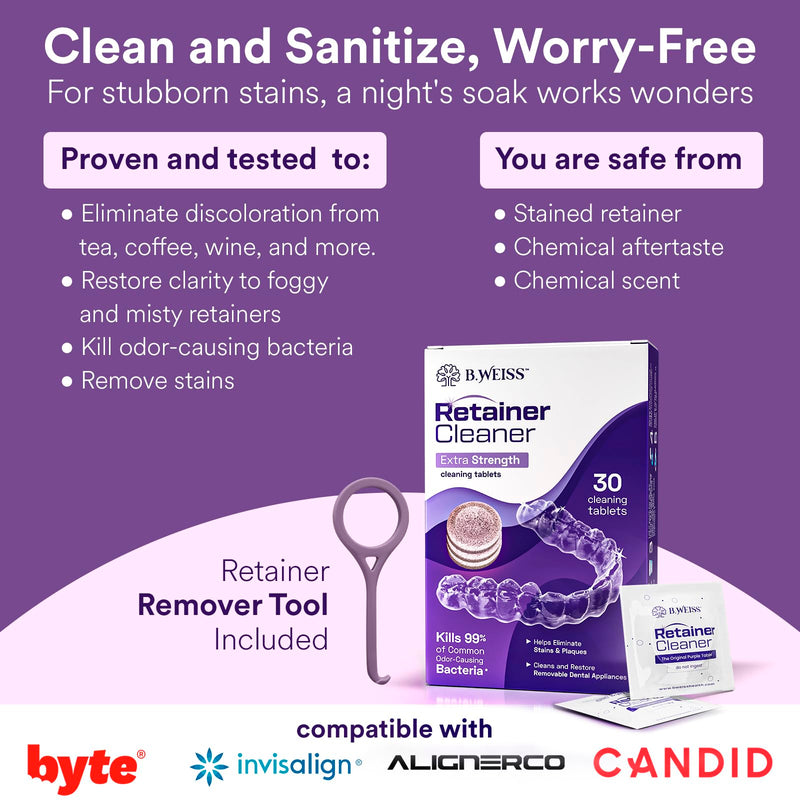 [Australia] - Retainer Cleaner Tablets, Invisalign Cleaner, Remove Stains, Odors & Plaque, Night Guard Cleaner, FSA & HSA Eligible, 1-Month Supply, Denture Cleaner, 30 Tablets, Grape-Scented 30 Count (Pack of 1) 