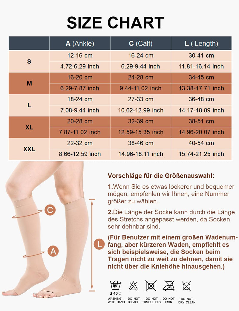 [Australia] - 2 pairs of medical compression stockings for women and men, 20-30 mmHg, class 2, open toe, graduated support, support stockings for varicose veins, edema, flight XXL, black and beige 