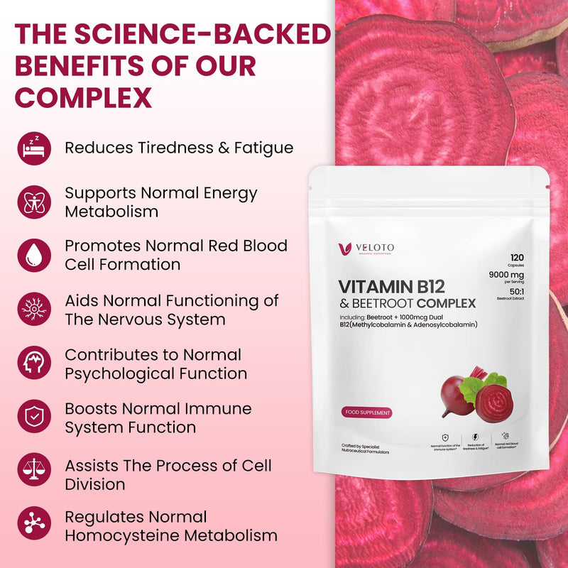 VELOTO Beetroot Capsules with Vitamin B12, High Strength 9000mg 50:1 Extract, 1000mcg Dual Active B12 Methylcobalamin & Adenosylb12, Vegan, Supports Energy Circulation & Immune Function, 120 Capsules