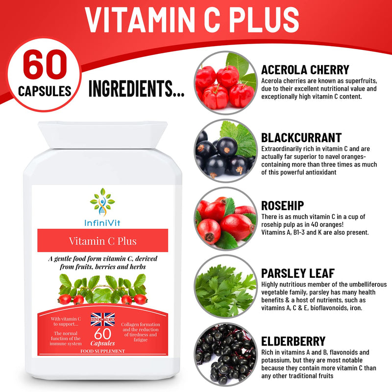 Natural Vitamin C Capsules, Sourced from Acerola Cherry, Food Form Vitamin C for Enhanced Absorption and Bioavailability