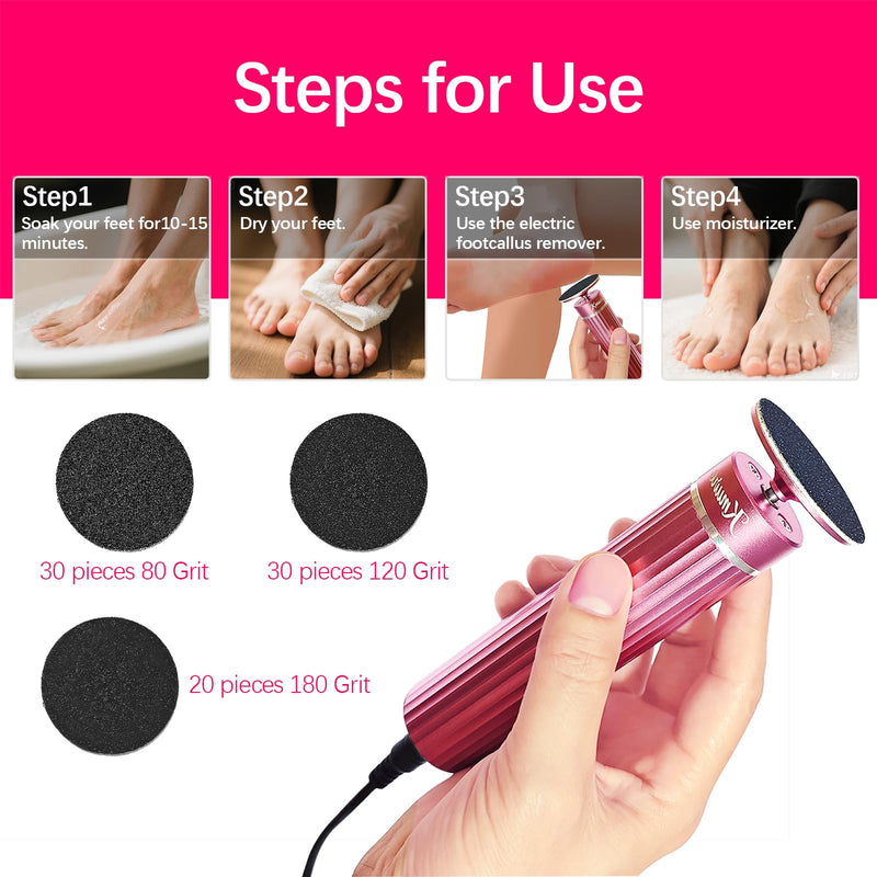 [Australia] - 5.3'' Electric Foot Callus Remover with 80pcs Sandpaper Discs & Brush, Professional Aluminum Ergonomic Pedicure Tool, Stepless Speed & Reverse Control for Dead Skin Removal (Pink) Pink 