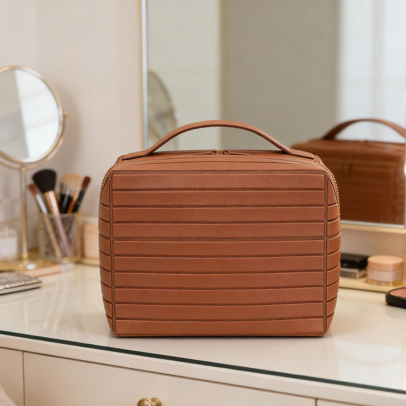 Travel Makeup Bag, Large Capacity Fold Down Cosmetic Bag for Women, Waterproof PU Leather, Pull Open Toiletry Bag with Compartments, for Skincare, Brushes & Travel Essentials (Brown) Brown