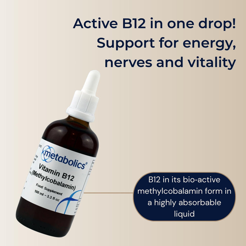 Liquid B12 Methylcobalamin by Metabolics — Vitamin B12 Supplement Containing Only Methylcobalamin & Purified Water — Contributes to the Reduction of Tiredness & Fatigue | Additive Free 100 ml (Pack of 1)