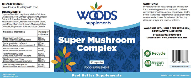 Woods Supplements - Super Mushroom Complex 60x Vegan Capsules of High Strength Lions Mane, Maitake, Reishi, Shiitake, Cordyceps & Chaga MushroomExtract Supplement 60