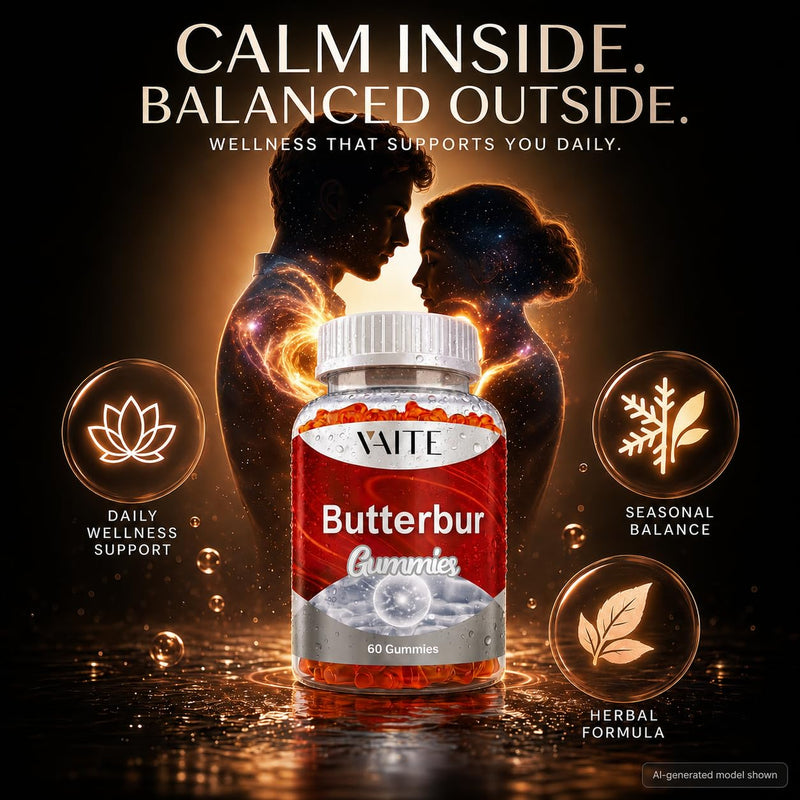VAITE Butterbur Extract 9-in-1 Herbal & Mineral Complex with Riboflavin B2, Magnesium Glycinate, Feverfew, L-Theanine, Ginger, Turmeric, Quercetin & Black Pepper – Vegan, Non-GMO, 60 Gummies