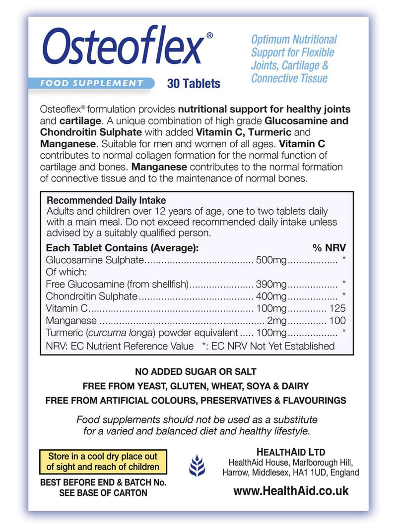 HealthAid Osteoflex - Glucosamine & Chondroitin – for Joint Health, Mobility, Flexibility & Cartilage Support - 30 Tablets