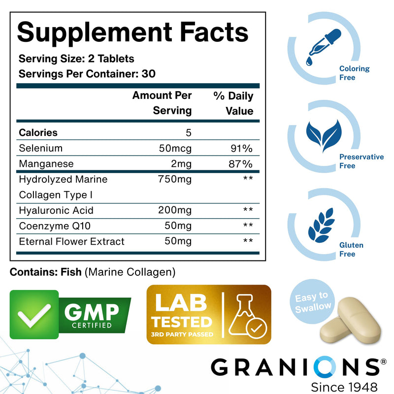 Marine Collagen Pills Complex – 200mg Hyaluronic Acid Supplement, Coenzyme Q10 CoQ10, Hydrolyzed Marine Collagen Peptides, Eternal Flower Hydration, Age Defense Supplements - 60 Sealed Tablets 60 Count (Pack of 1)